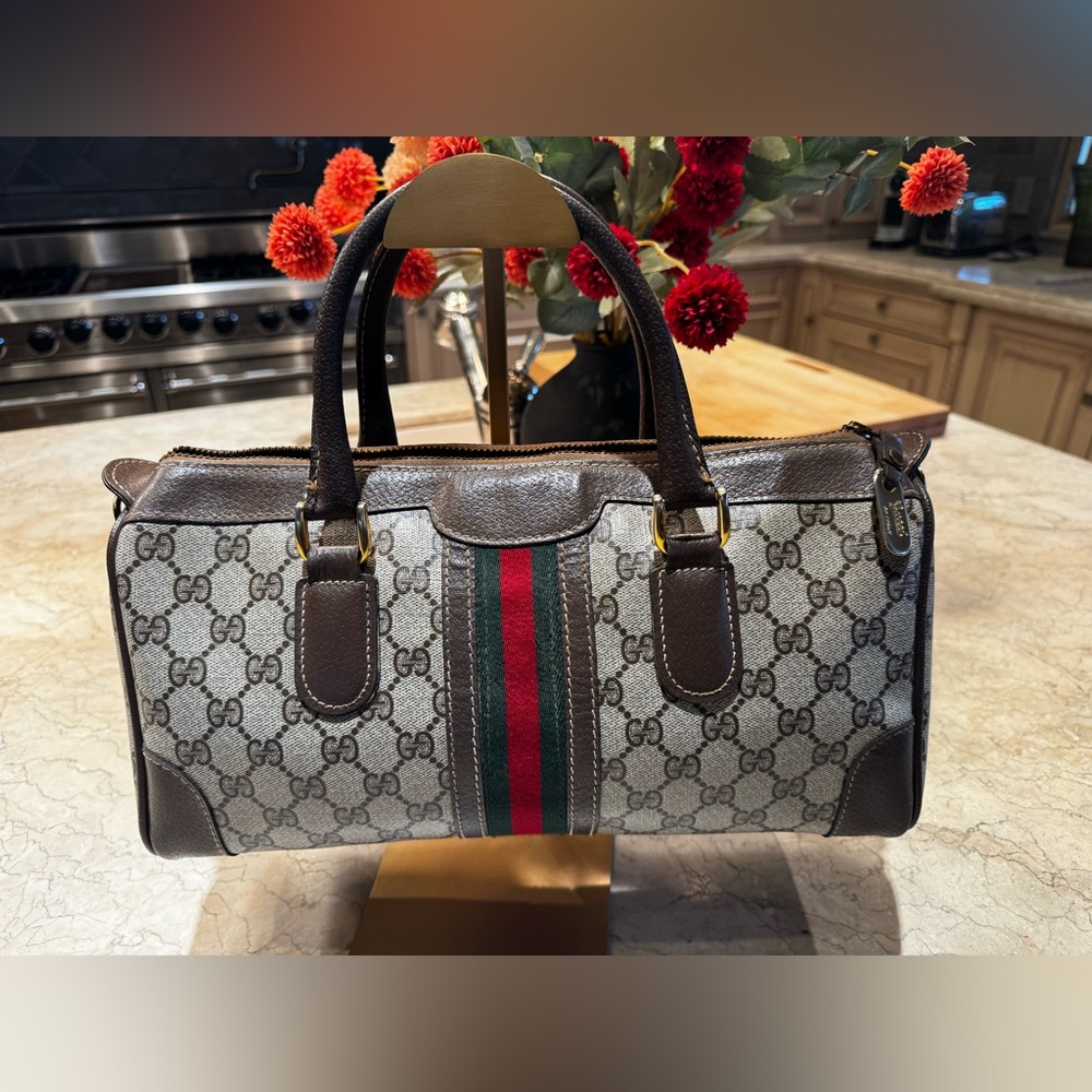 Vintage Gucci GG Monogram Supreme Sherry Web Ophidia Boston Bag- COA